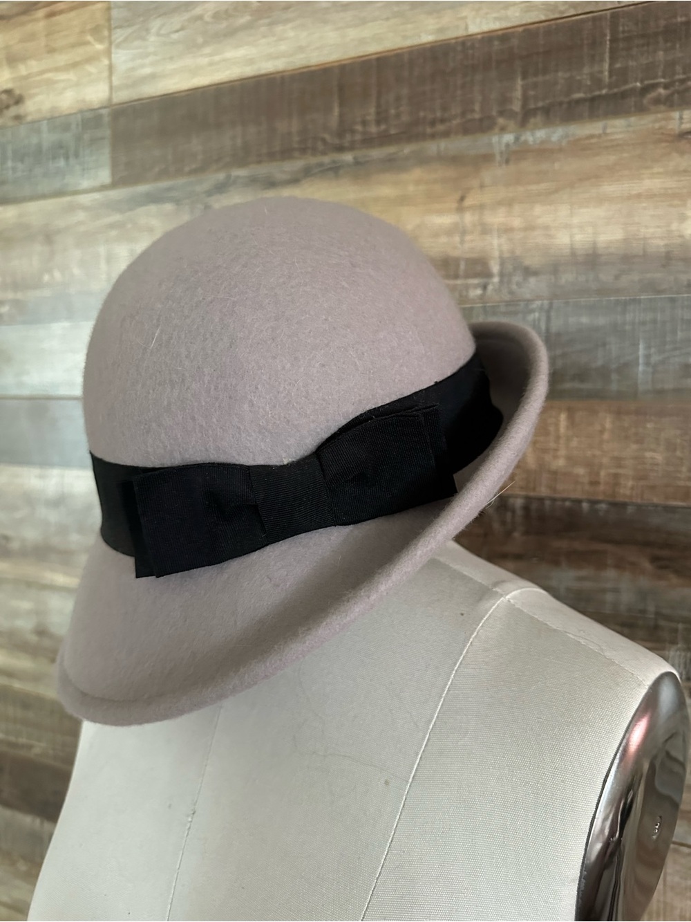 Disney Taupe Felt Cloche Hat with Black Ribbon